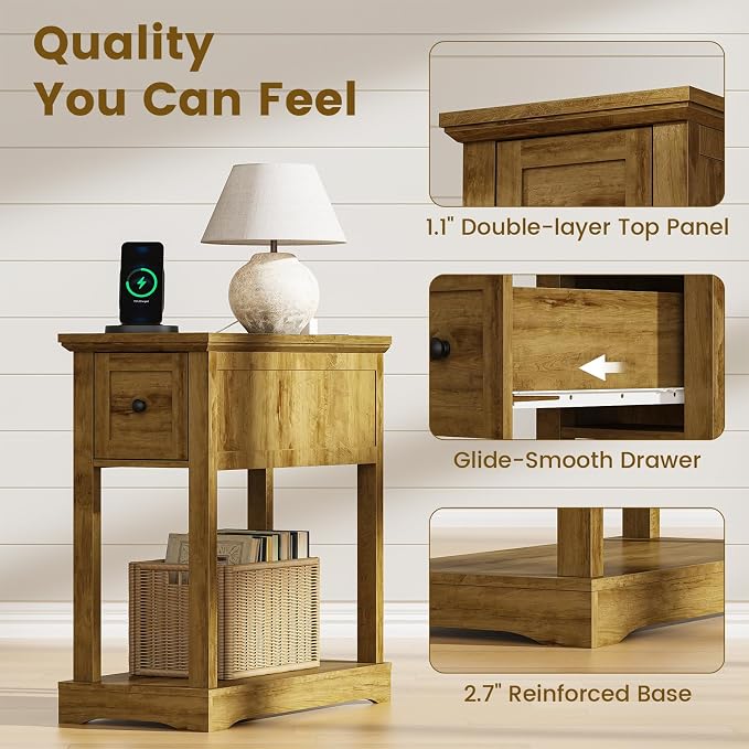 Nightstand Set of 2 with Charging Station, Side Table with Storage, Thicken Base, for Bedroom, Brown - Image 8