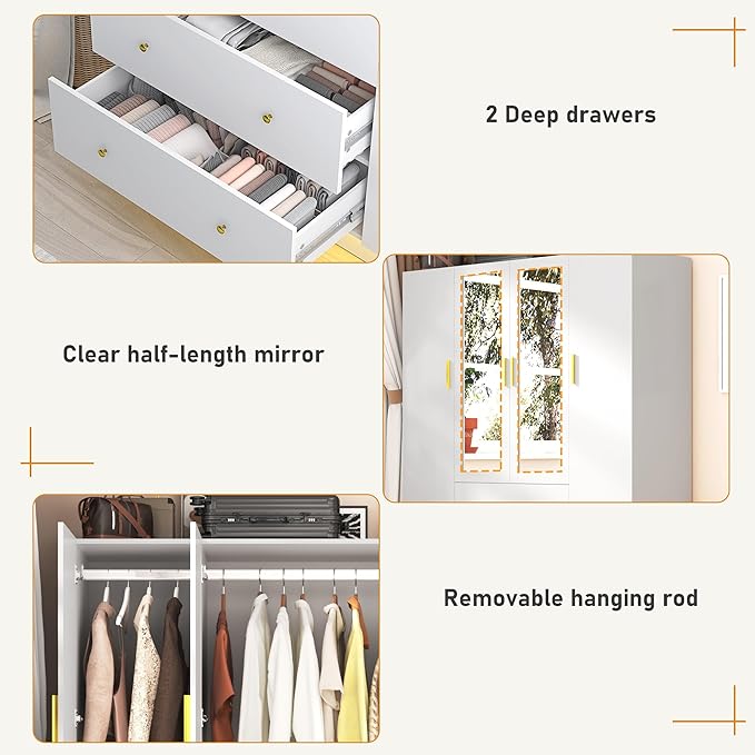 chartustriable 4 Doors Armoire Wardrobe Closet with Mirror, LED Armoire with Doors and Drawers, Wooden Wardrobe Storage Cabinet with Hanging Rod, Adjustable Shelves, White