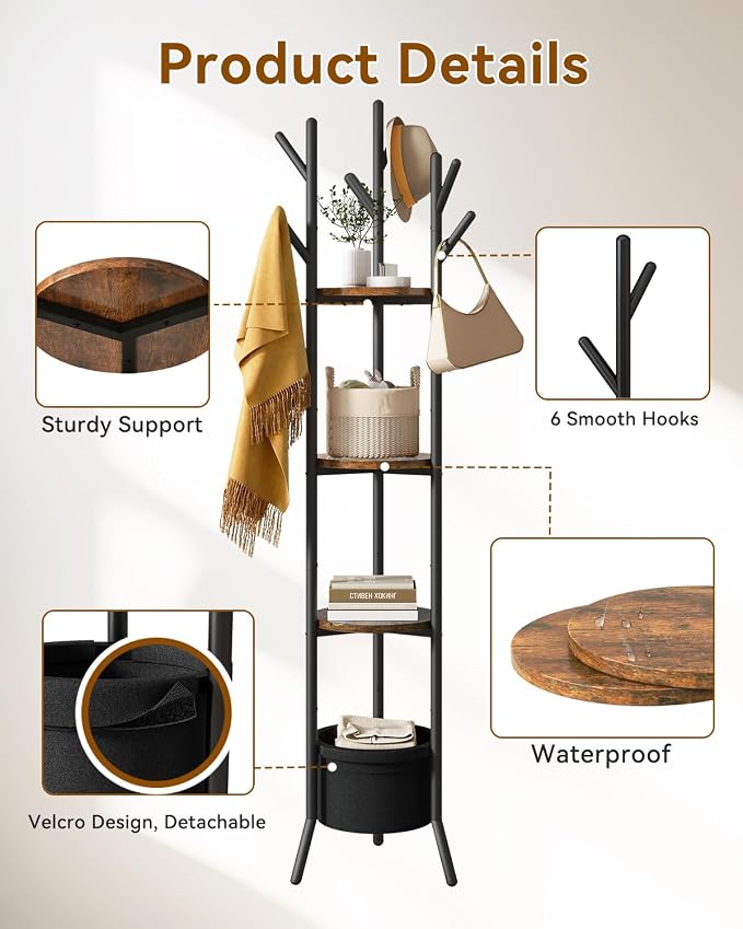 YMYNY Coat Rack, Freestanding Coat Stand with Storage Shelves, Hall Trees with 3 Wooden Shelves and 1 Fabric Basket, Metal Clothes Stand for Hats Bags Hallway Bedroom Rustic Brown UHGR005H - Image 7