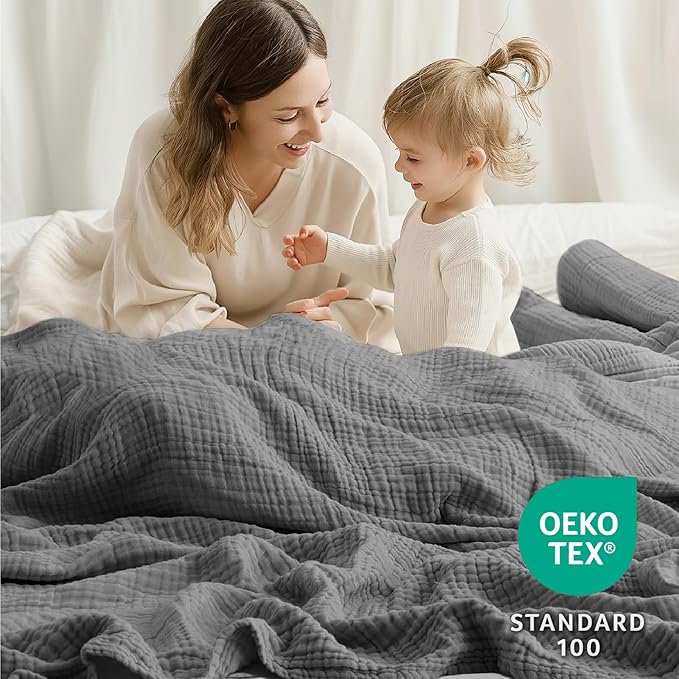 100% Cotton Muslin Blanket California King 120" x 90", 6 Layers Breathable and Lightweight Oversized Blankets for Bed, Soft Cooling Gauze Blanket for Adults All Season, Dark Grey