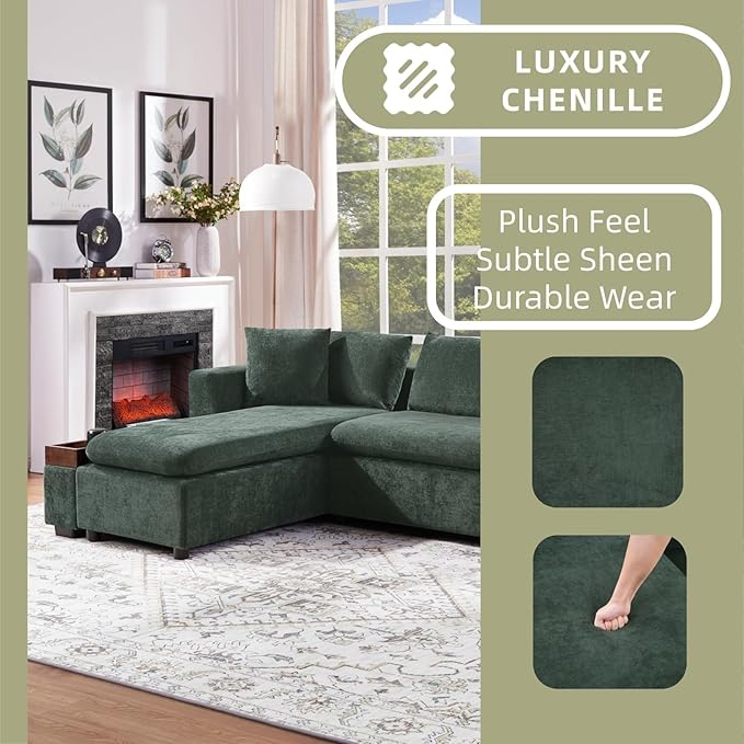 93.7" L-Shaped Sectional Sofa with Storage Chaise, Modern Couch for Living Room, Chenille Upholstered Couch with Deep Seats & Throw Pillows, Modern Corner Sofa for Living Room, Green