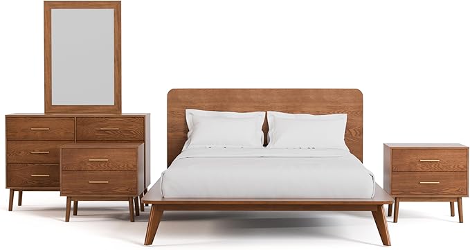 Furniture of America Wyatt Modern Solid Wood Bedroom Collection with Queen Bed Frame, Nightstands, Dresser with Mirror, No Box Spring Needed, Walnut, Standard Low Profile, 5-Piece Set