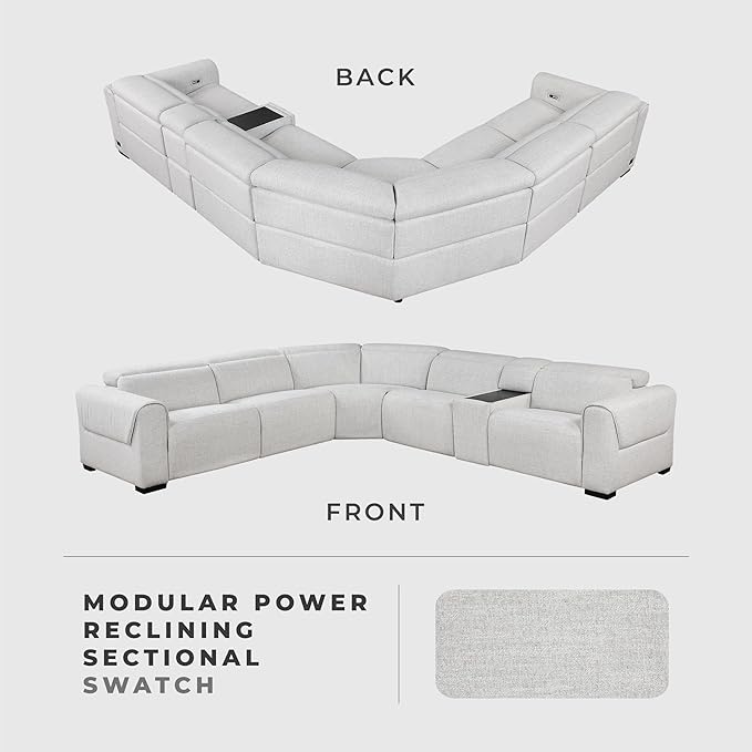 Lexicon Power Reclining Sectional Couches for Living Room-Modular Sectional Sofa, Wall Hugger,3 Recliner Seats, Console Cup Holders, Power Headrests, Charging Ports, 5 Seater Couch, Chenille Cloud