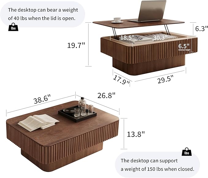 38.6'' Lift-top Coffee Table Solid Wood Veneered Center Table Rectangular Fluted Table with Storage and Adjustable Height for Living Room Apartment Office, Walnut