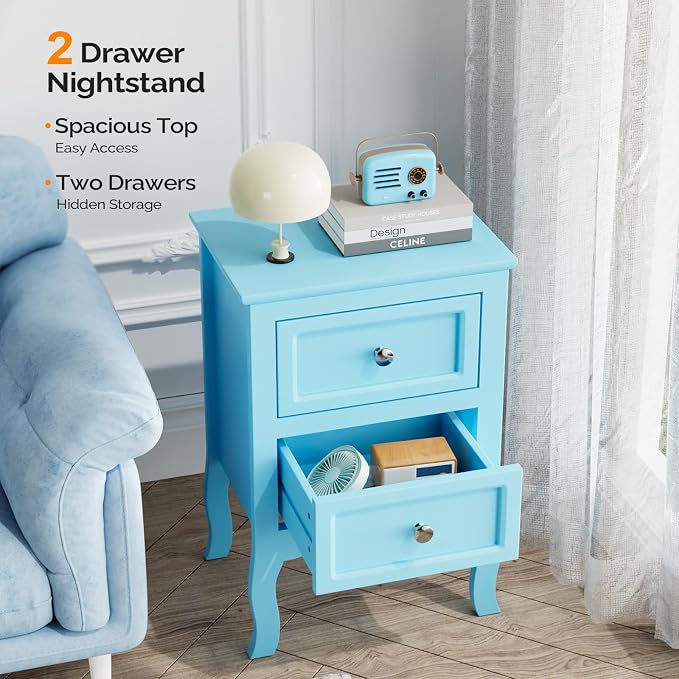 Bonnlo Nightstand Set of 2, Nightstands with 2 Drawers, Blue Nightstand, Bed Side Table/Night Stand, Small Nightstands for Bedroom, Small Spaces, College Dorm, Kids’ Room,Living Room, Wood,16W*12D*24H - Image 8