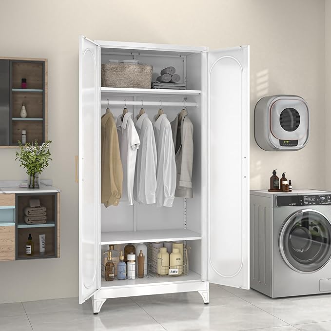 SteeLoong 71" Metal Armoire Wardrobe Closet with Doors，Tall Clothing Storage Cabinet with Adjustable Shelves and Hanging Rod,White Wardrobe Closet for Bedroom,Home,Office,Gym