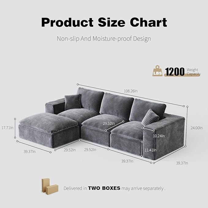 Ball & Cast 108" Cloud Sectional Couches for Living Room,Convertible L Shaped Couch with Deap Seat & Movable Ottoman,3 Seater Modular Sectional Sofa,Free Combination,No Assembly Required,Grey