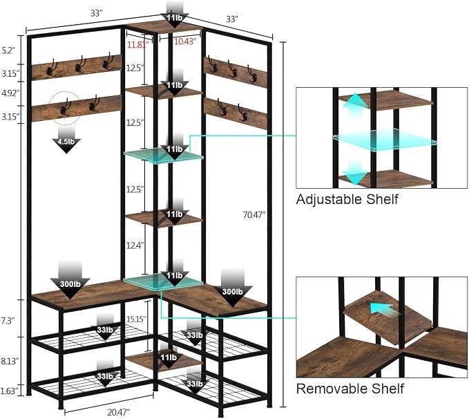 GiftGo Corner Hall Tree with Shoe Rack Storage Bench Display Open Shelves Modern Industrial Entryway Coat Rack Stand for Home Living Room Mudroom Bedroom Multifunctional 5 in 1 (Rustic Brown) - Image 4