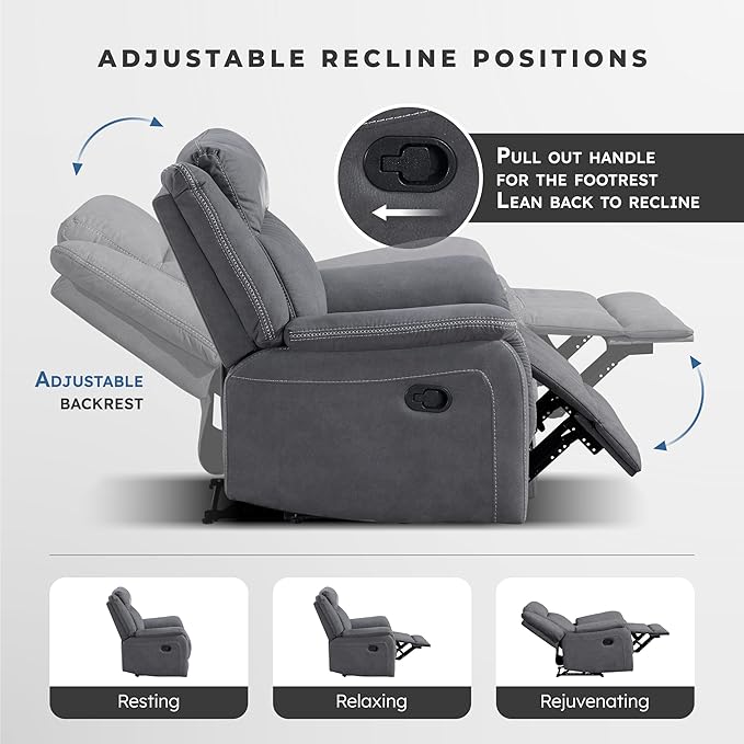Lexicon Manual Double Reclining Sofa, Polished Microfiber Upholstered 3 Seater Manual Sofa Recliner for Living Room, Wall Hugger, Easy Assembly, Gray