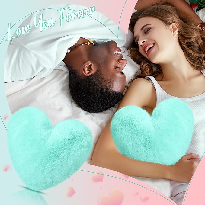 Marsui 2 Pcs Heart Throw Pillows, Soft Fluffy Faux Fur Decorative Hearts Shaped Pillows for Living Room Sofa Bed, Cute Heart Themed Gift for Women(Mint,11.81 x 11.02 Inch)