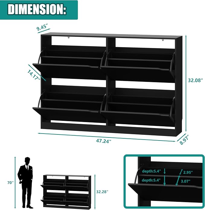 Xixini Shoe Storage Cabinet for Entryway with 4 Flip Drawers, Sturdy Wood Hidden Shoe Storage, Freestanding Narrow Slim Shoe Organizer for Front Door Entrance, Living Room, Hallway, Bedroom, Black - Image 2