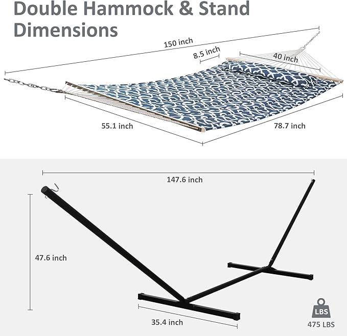 SUNCREAT Two Person Hammock with Stand, 475 lbs Capacity, Portable Patio Hammock with Hardwood Spreader Bar, Large Soft Pillow, Blue Pattern - Image 6