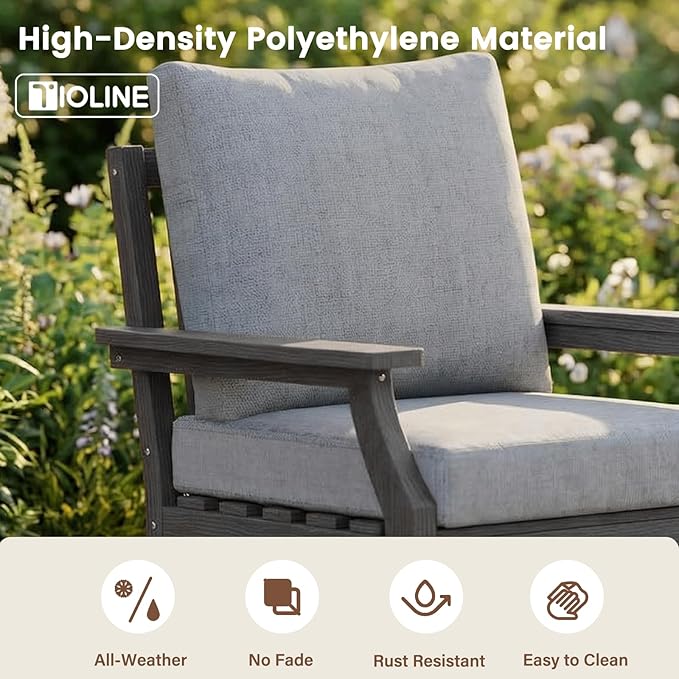 HDPE Patio Conversation Set, 6-Piece All Weather Outdoor Furniture Set with 2 Single Rocking Armchairs for Deck, Lawn, with Cushion, Gray