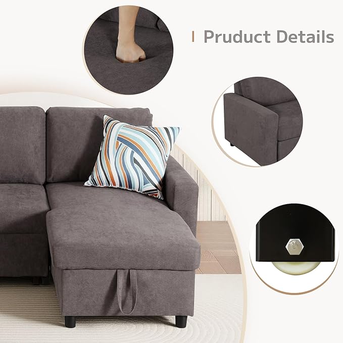 L-Shaped Sleeper Sofa with Chaise Lounge & Storage, Pull-Out Couch Bed with Recliner, Full Size Futon for Living Room, Office, Apartment, Coffee