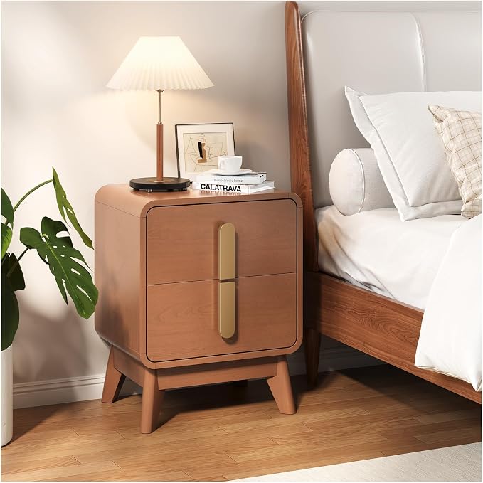Mid Century Modern Nightstand Set of 2, Wood Bedside Table with 2 Drawers and Metal Handles, Curved Design, Night Stand Set 2 for Bedroom, Cherry - Image 5