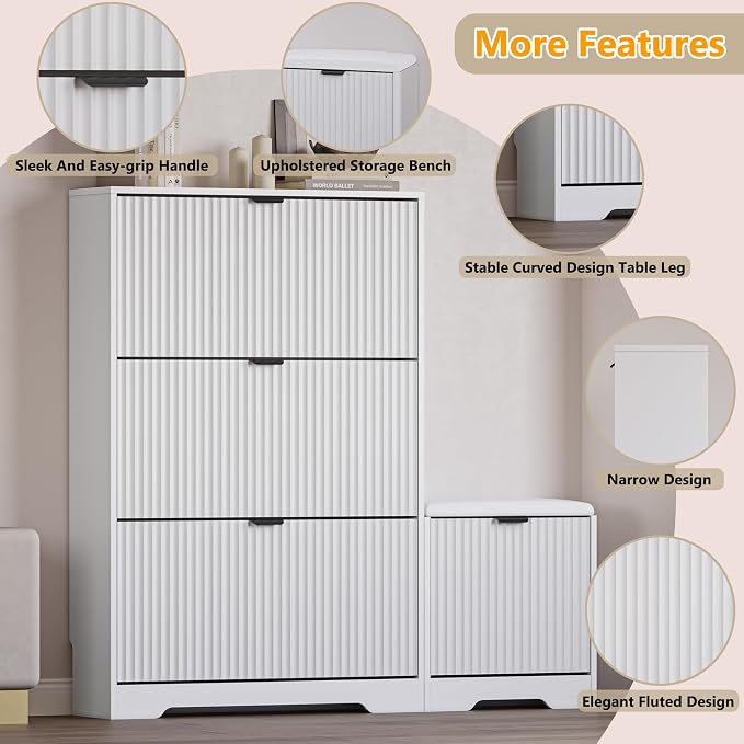 BORNOON Slim Shoe Cabinet with Bench for Entryway, Hidden Storage and Adjustable Shelves, Free Standing Wooden Shoes Organizer for Foyer, Hallway - Image 4