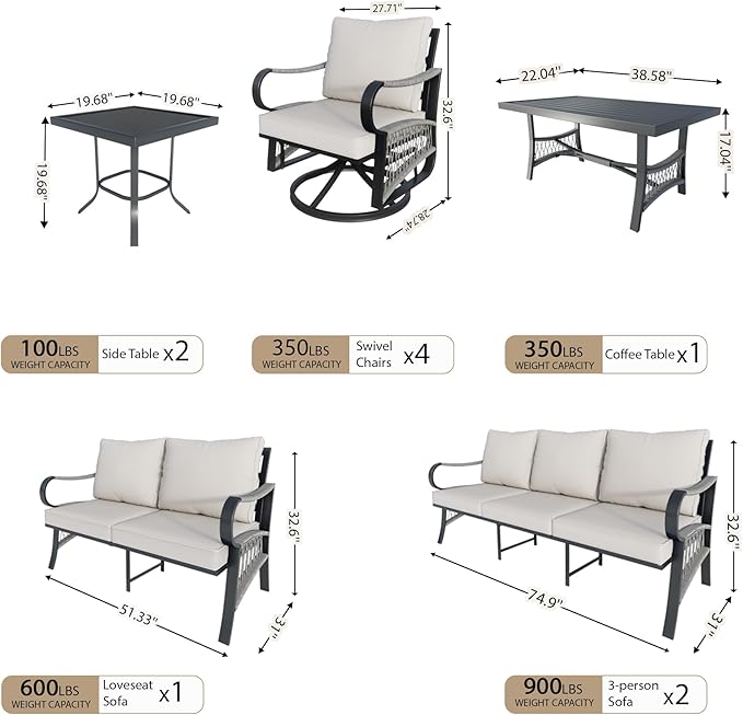 10-Piece Outdoor Patio Conversation Sets, Rope Outdoor Furniture Set Metal 2 Three-Seater Couch, 4 Swivel Rockers with 2 Side Tables, Loveseat Sofa with Coffee Table for Backyard Porch Poolside, Beige