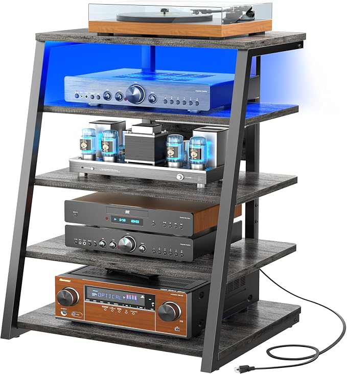 Armocity 5-Tier AV Media Stand with Power Strips, Media Console with LED Lights, Audio Tower Rack with Adjustable Shelves, Stereo Stands and Racks, 40.8'', Grey Oak by Armocity