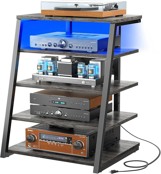 Armocity 5-Tier AV Media Stand with Power Strips, Media Console with LED Lights, Audio Tower Rack with Adjustable Shelves, Stereo Stands and Racks, 40.8'', Grey Oak by Armocity