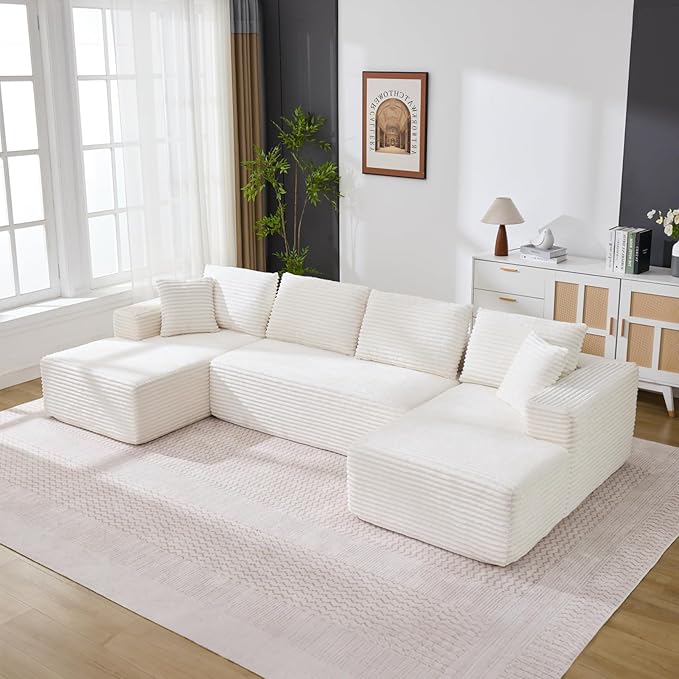 Boneless Couch U Shaped Sectional 130'' Modern Modular Cloud Couch with 2 Chaise Lounge, 4-Seat Corduroy Deep Seat Sofa with Pillows for Living Room