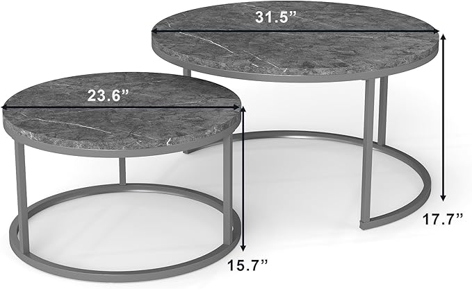 Nesting Coffee Table Set of 2, 31.5" Round Coffee Table Wooden Marble Pattern Accent Furniture, Industrial End Table for Living Room Bedroom Balcony (Gray/Gray)