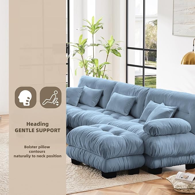 133.8" U-Shaped Cloud Couch, Oversized Modular Sectional Sofa, Deep Seat Cloud Boneless Couch, 3-Seat Modular Sectional Sofa with 2 Ottoman or Living Room,Bedroom and Apartment, Blue