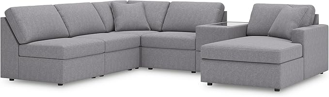 Signature Design by Ashley Modmax Contemporary Stain Resistant Left-Arm Facing 6-Piece Sectional with Chaise, Storage Console, Armrest, Throw Pillows and Reversible Cushions, Gray