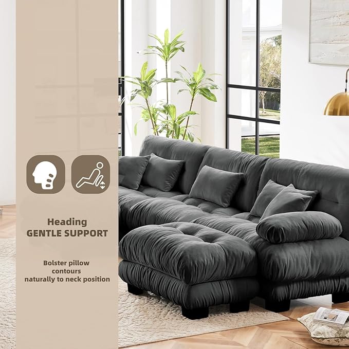 133.8" U-Shaped Cloud Couch, Oversized Modular Sectional Sofa, Deep Seat Cloud Boneless Couch, 3-Seat Modular Sectional Sofa with 2 Ottoman or Living Room,Bedroom and Apartment, Gray