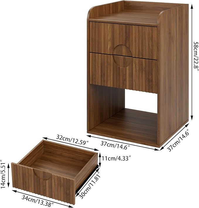 Fluted Nightstand Set of 2, Small Night Stand Table with Drawer, Wood Side Table with Storage, Boho Mid Century Modern Vintage Bedside Table, Walnut End Table for Bedroom - Image 2