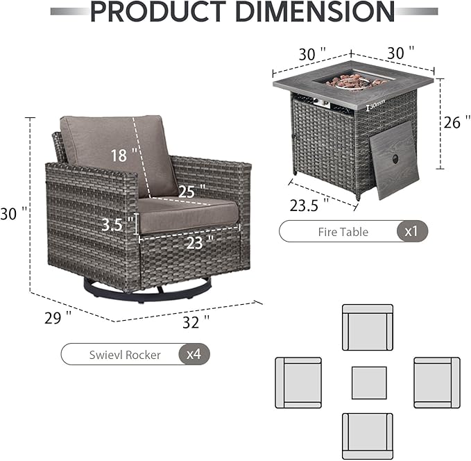 Outdoor Swivel Rocker Chairs Set of 4 with Fire Pit Table - 5 Peice Wicker Patio Furniture Set Conversation Set with 50,000 BTU Fire Pit for Deck Backyard - Grey Wicker Grey Cushion