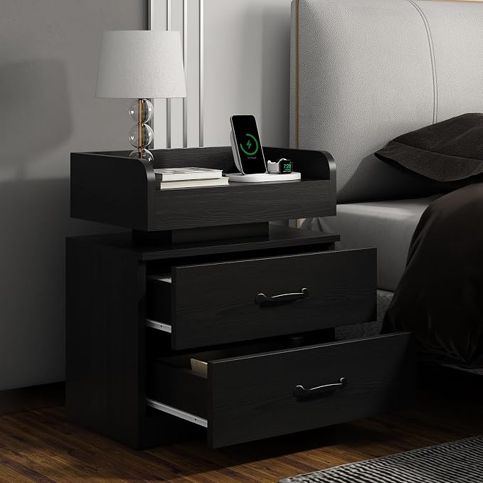 4ever2buy Black Nightstand Set of 2 with Charging Station and LED Lights Modern Bedside Tables with Drawers End Tables for Bedroom - Image 7