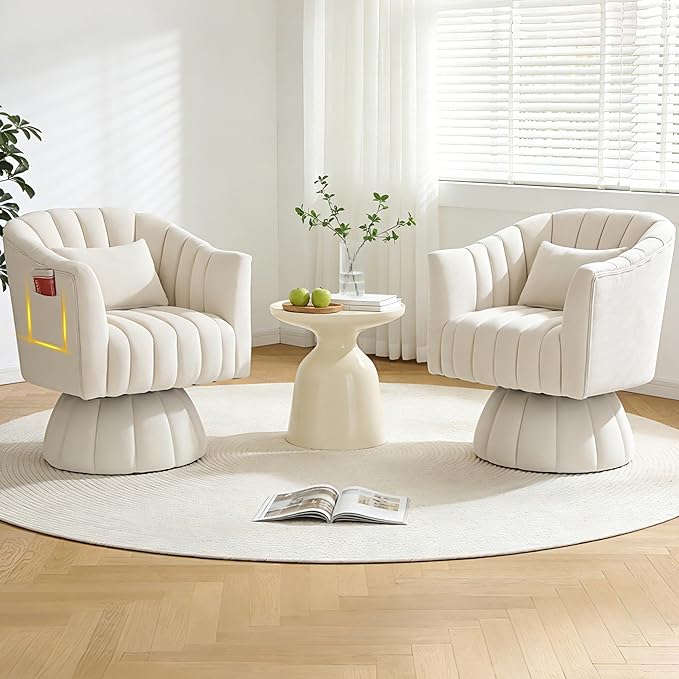 ClinQ Swivel Barrel Chair with Pillow & Side Pocket, 360° Cloud Velvet Round Swivel Accent Chair, Upholstered Cuddle Reading Lounge Chair for the Living Room, Bedroom, Office, White-Vertical Stripes