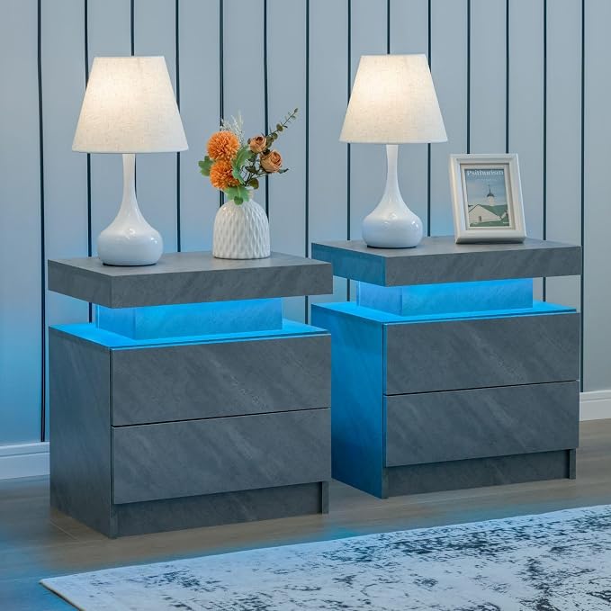 i-aplus Grey Night Stand Set 2 Modern Bedside Tables with 2 Drawers Bedroom Night Stands Set of 2 LED Night Stand for Bedroom by Unknown