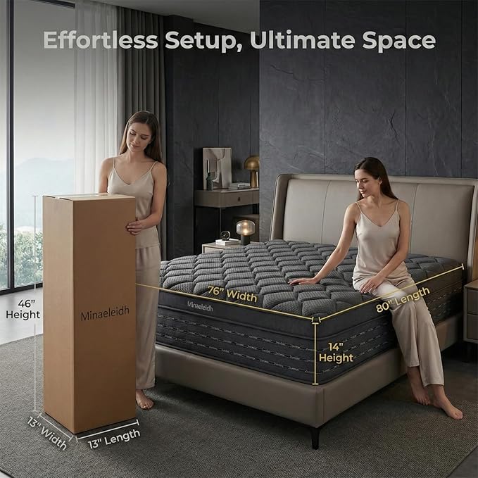 King Size Mattress 14 Inch, Medium Firm Boxed Hybrid Mattress, Cooling Gel Memory Foam & Motion Isolation Pocket Coils, 350lbs+ Edge Support, Fiberglass-Free, 365-Night Trial, for Master Room, Family