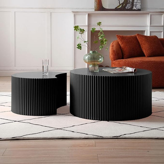 kevinplus 55.12'' Black Round Nesting Coffee Table Set of 2, Modern Side End Table for Living Room, Contemporary Wood Circle Embossed Crescent Design, No Assembly, Black
