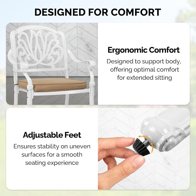 VINGLI Patio Chairs Set of 2 - Stackable Outdoor Cast Aluminum Dining Chairs with Vintage White Finish and Floral Pattern, Metal Armchairs for Poolside, Backyard, Balcony (with Cushion) - Image 5