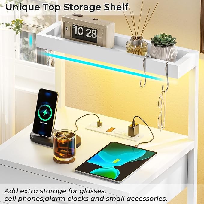 Nightstand with Charging Station and LED Lights, LED Night Stand with 2 USB Ports and 2 AC Outlets, Modern End Table with 3 Drawers, Bedside Table with Open Storage for Bedroom, White - Image 5