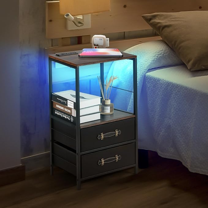 FUSLITE Nightstand with Charging Station, 27.5" Tall LED Night Stand with 2 Drawers, Industrial Bedside Table with Remote Control Lights, Rustic Brown End Table with USB Ports for Bedroom - Image 6