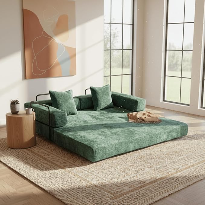 Alpen 77" Convertable Sleeper Sofa, 4-in-1 Pull Out Couch Bed with L-Shaped Armrests, Futon Sofa Bed Queen Size Sleeper Mattress Fold Out Comfy Lounge for Living Room Bedroom, Green