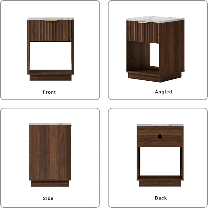 Fluted Nightstand, Night Stand Set 2, Walnut Nightstands Set of 2 with Charging Station and Faux Marble Top, Modern End Table with Drawer & Open Shelf, Bedside Table for Bedroom Living Room - Image 8