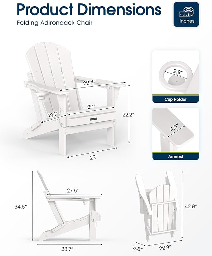 MUCHENGHY Folding Adirondack Chairs, Patio Chairs, Lawn Chairs, Outdoor Chairs, Adirondack Chair Plastic, Fire Pit Chairs, Weather Resistant with Cup Holder for Deck, Backyard, Garden(White) - Image 3