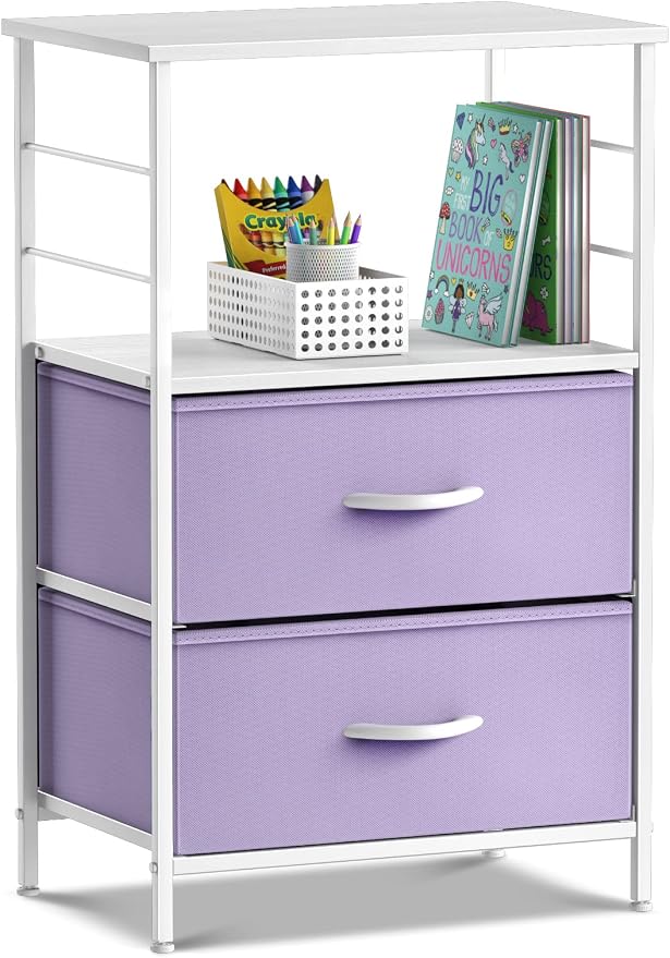 Sorbus 2 Drawer Shelf Storage Nightstand - Kids Bedside Furniture End Table Night Stand with Steel Frame Wood Top & Easy Pull Fabric Bins, Dresser & Chest for Home Bedroom Accessories Office & College by Sorbus