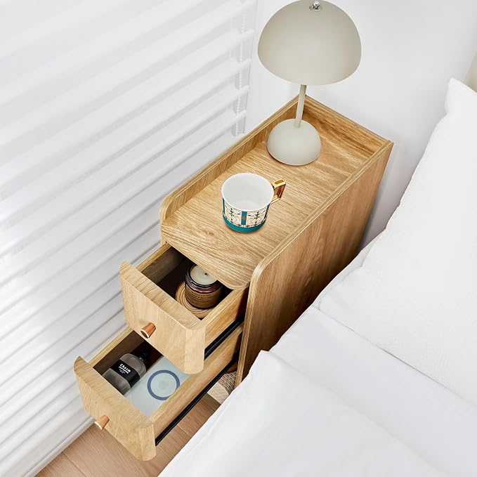 Small Nightstand Set of 2, Wood 2 Drawer Narrow Nightstand, Slim Side Table, Modern Skinny End Bedside Table, Natural Wood Night Stand with Drawers for Bedroom (Natural-2 pcs) - Image 4