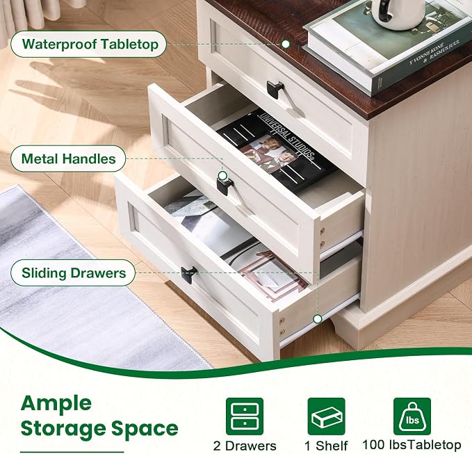 20-Inch Wide Modern Nightstand with Charging Station, End Table with 3 Large Drawers, Simple Design Bedside Table for Bedroom and Office,White(Single Piece) - Image 4
