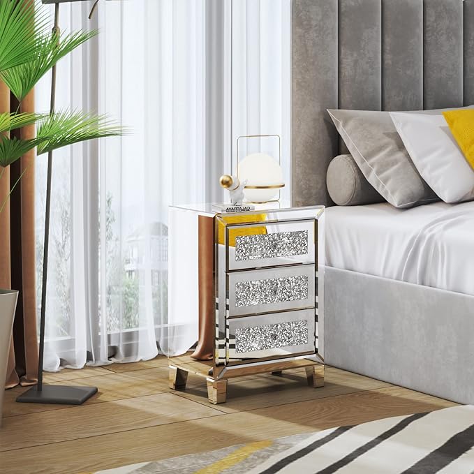 VINGLI Mirrored Nightstand with 3 Drawers Modern End Table Bed Side Table with Mirrored Finish, 17.72-inch W x 13.78-inch D x 23.62-inch H, Silver - Image 2