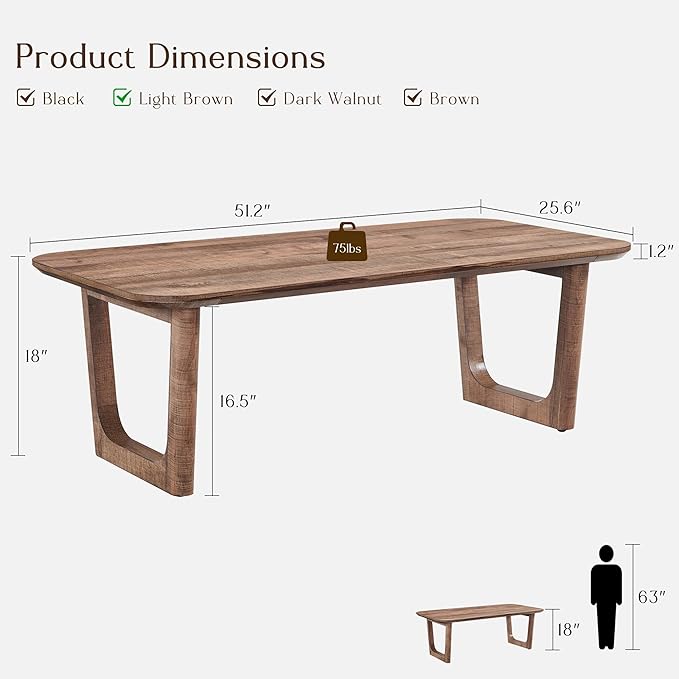 ACCOHOHO Modern Coffee Table for Living Room,51.2" Large Rectangle Wood Coffee Table with U-Shaped Legs & Sturdy Base Design,Center Table for Office,Apartment,Light Brown