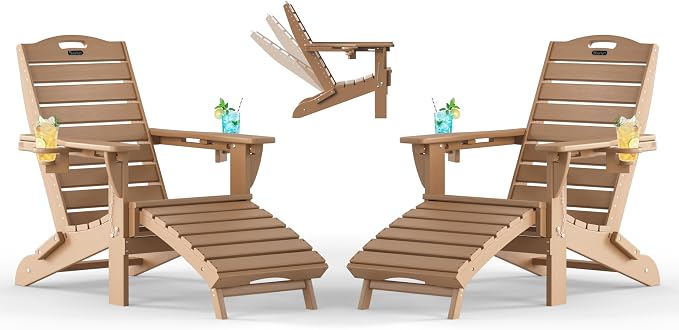 Adjustable Adirondack Chairs Set of 2 with Retractable Ottoman, HDPE Folding Adirondack Chair with Cup Holders, Weather Resistant for Backyard, Poolside & Fire Pit (Teak) by Suunyn