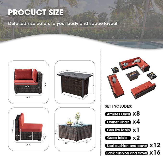 Grezone 15 Piece Patio Furniture Set with 44" Fire Pit Table, Outdoor Sectional Couch, PE Rattan Patio Conversation Sets with 4inch Cushions for Backyard Red