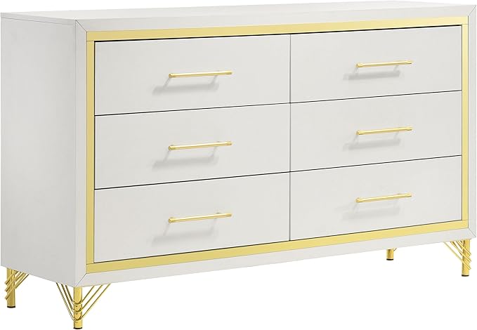 Coaster Home Furnishings - Lucia - 4-Piece Bedroom Set with Upholstered Bed and Gold Finish Trim Accent - Modern Classic - Bedroom - Beige & White - 224731Q-S4