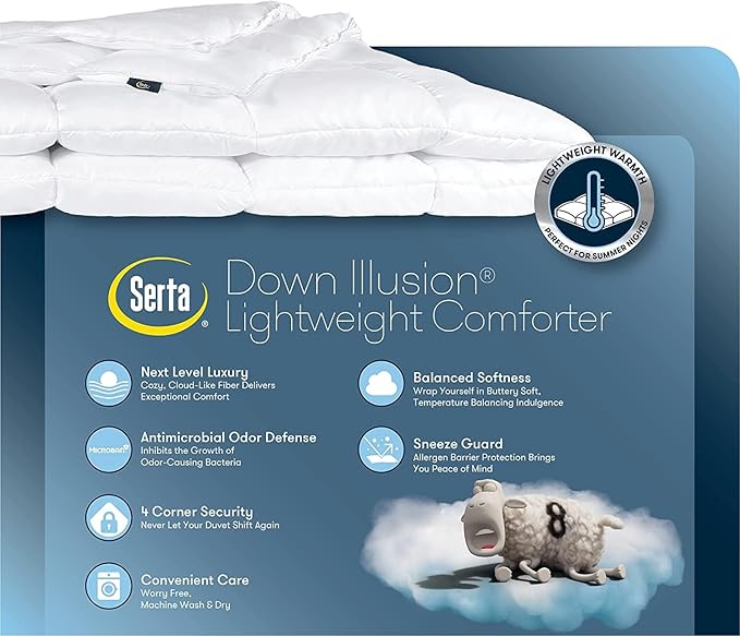 Serta Down Illusion Lightweight Hypoallergenic Down Alternative Comforter with Corner Loops, Full/Queen, White